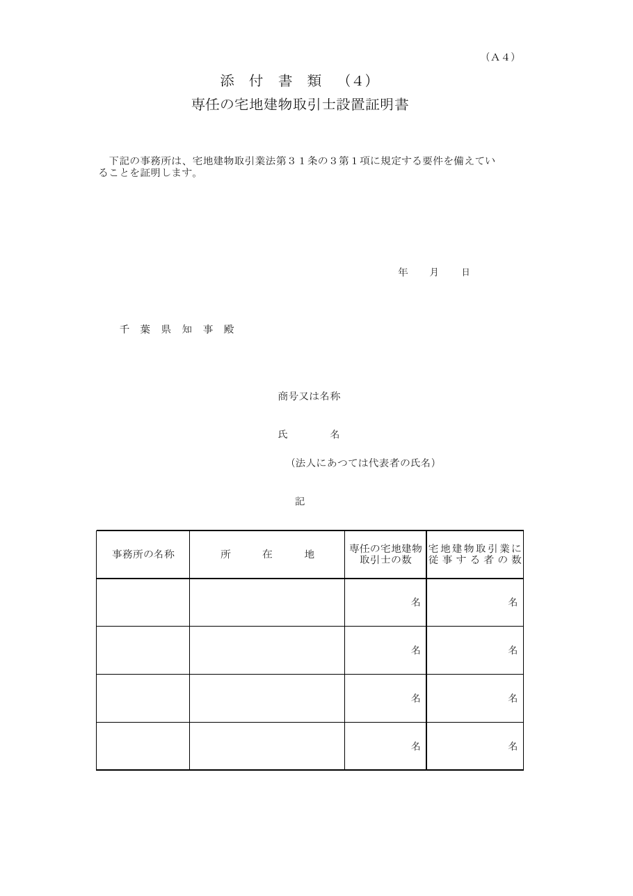 専任の取引士設置証明書（千葉県の例）：第1ページ